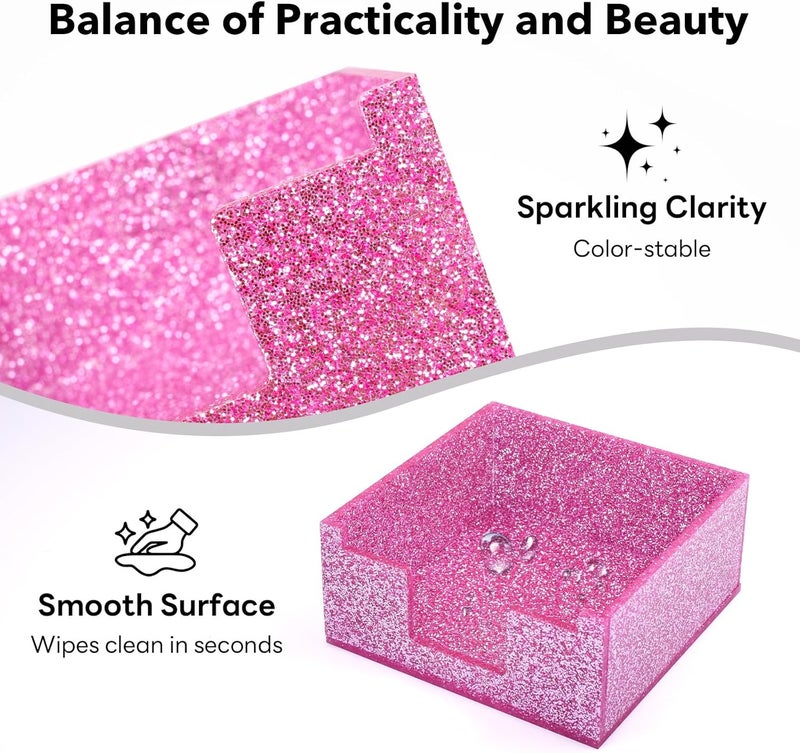 Luminzo Rose Pink Sparkling Sticky Note Holder, Glitter Acrylic Organizer, 3.94 x 3.94 in Multi-Use Tray for Office, School & Home Desk - Image 4